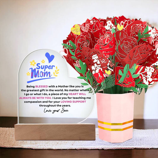 Super Mom Son's Eternal Love Heart w/ Faux Flower Bouquet